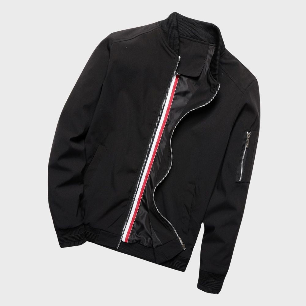 Men's lightweight all-season bomber jacket, regular fit, ribbed cuffs, front view, gray color, versatile outerwear.