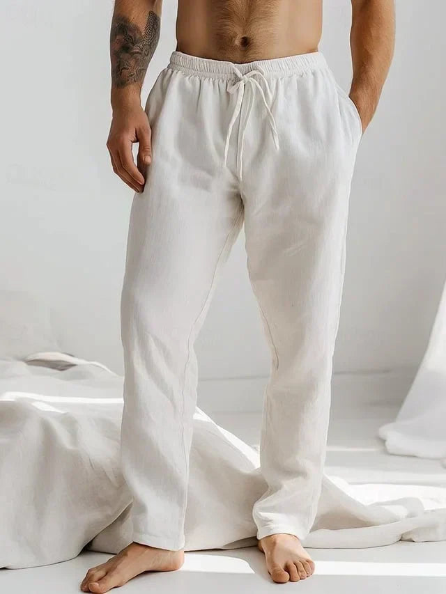 "Men's lightweight linen casual trousers, multiple colors, breathable, perfect for summer, versatile style."