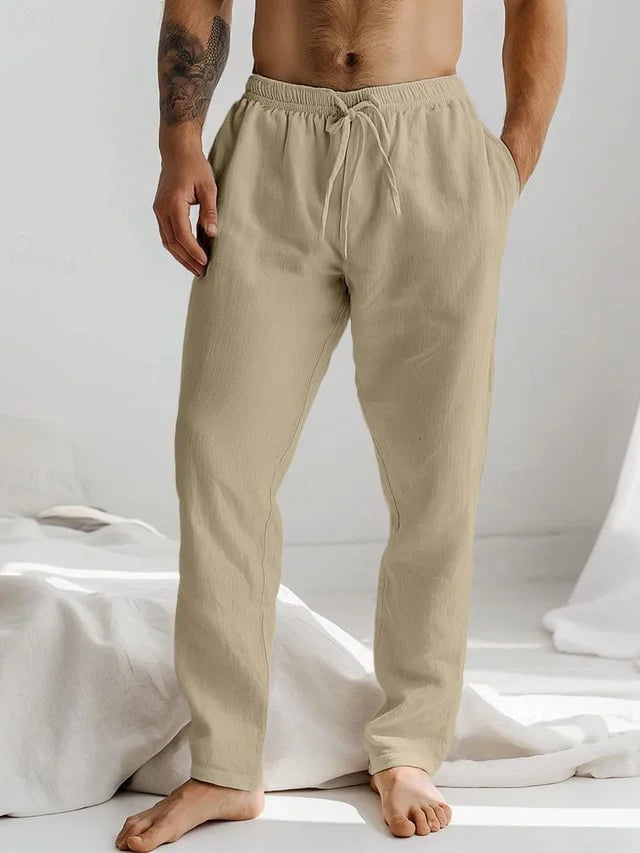 "Men's lightweight linen casual trousers, multiple colors, breathable, perfect for summer, versatile style."