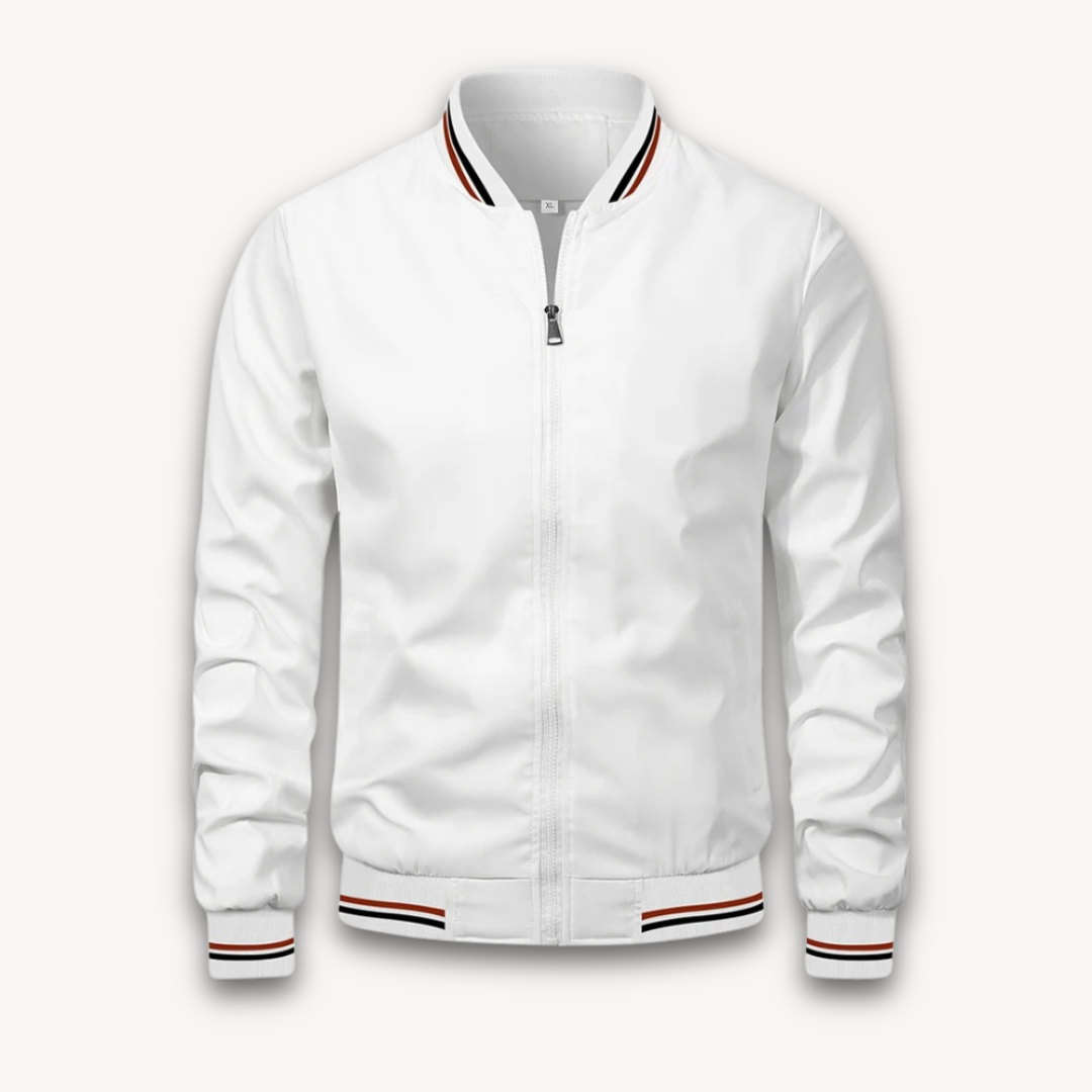 "Men's lightweight polyester bomber jacket, stylish windbreaker with zip front and ribbed cuffs, ideal for casual outings."