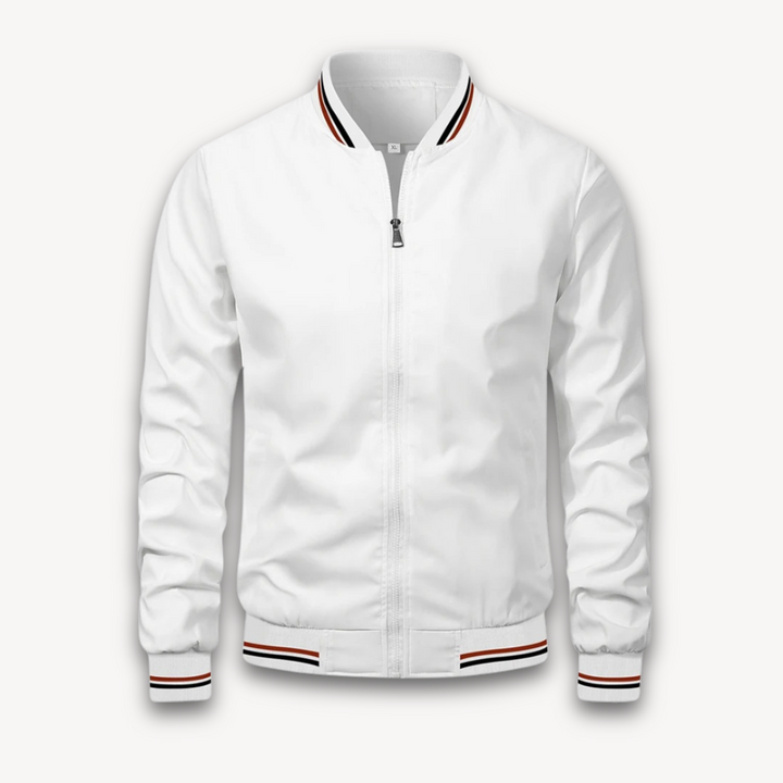 "Men's lightweight polyester bomber jacket, stylish windbreaker with zip front and ribbed cuffs, ideal for casual outings."