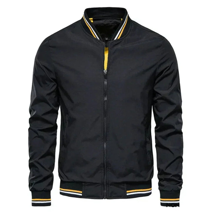"Men's lightweight summer bomber jacket with ribbed cuffs, zip closure, sleek design in green, ideal for casual or evening we