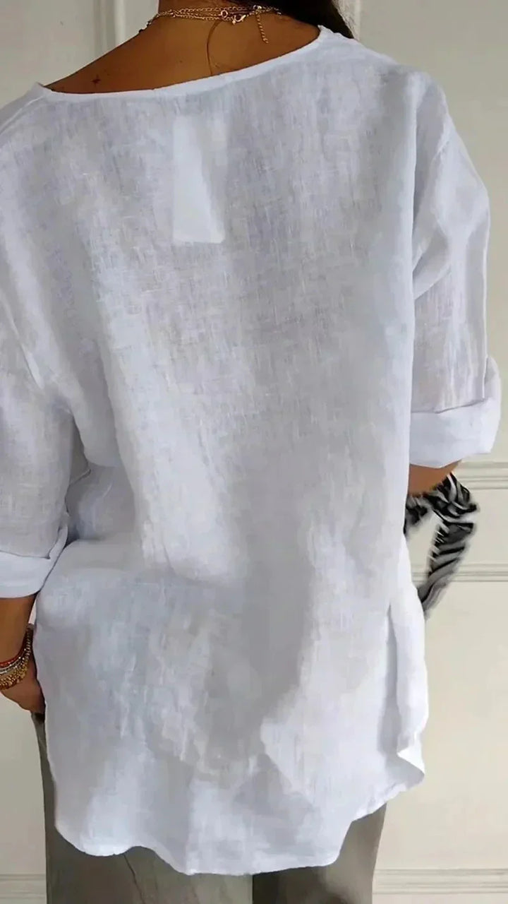 Men's linen casual blouse with button detail, featuring soft fabric, elegant V-neck, perfect for stylish, comfortable wear.