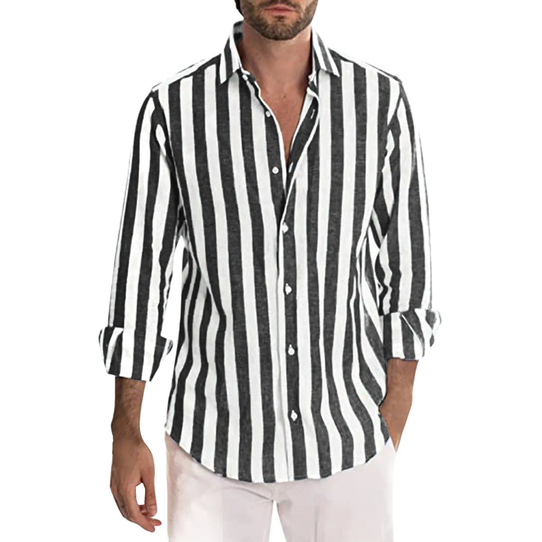 "Men's linen shirt, long sleeve, stripe pattern, lightweight and breathable, perfect for summer casual and smart looks."