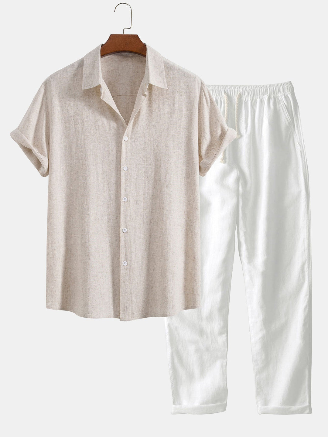 "Men's Linen Summer Set, short-sleeve shirt and pants, breathable, versatile, in Beige, Coffee, and Navy for casual elegance.