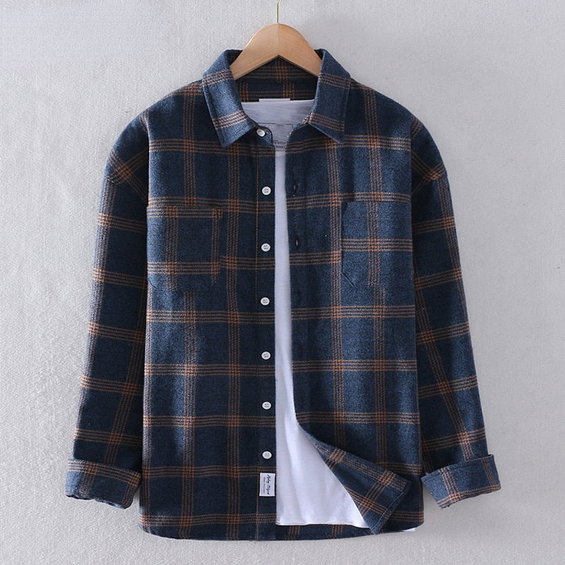 "Men's long sleeve blue checked shirt, classic style, versatile fit, suitable for casual and semi-formal occasions."