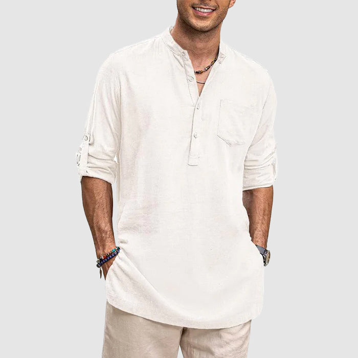 "Men's long sleeve Henley shirt with roll-up sleeves, chest pocket, and classic neckline, front view."