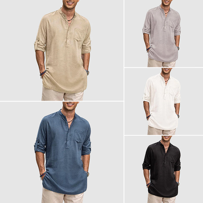 "Men's long sleeve Henley shirt with roll-up sleeves, chest pocket, and classic neckline, front view."