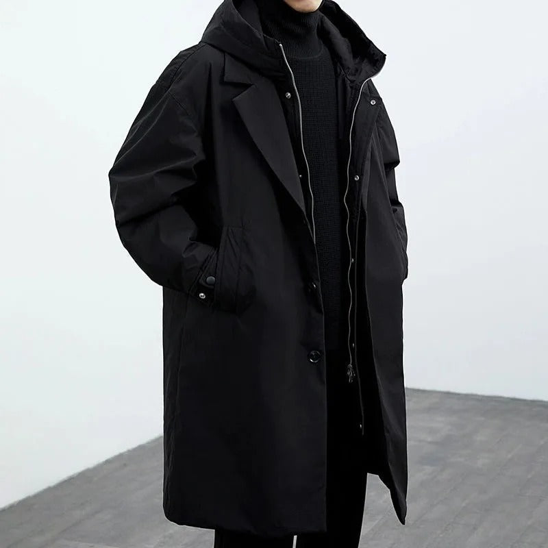 Stylish men's puffer coat, warm insulated outerwear with secure closure & detachable hood for winter fashion.