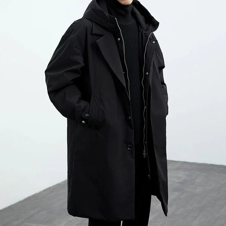 Stylish men's puffer coat, warm insulated outerwear with secure closure & detachable hood for winter fashion.