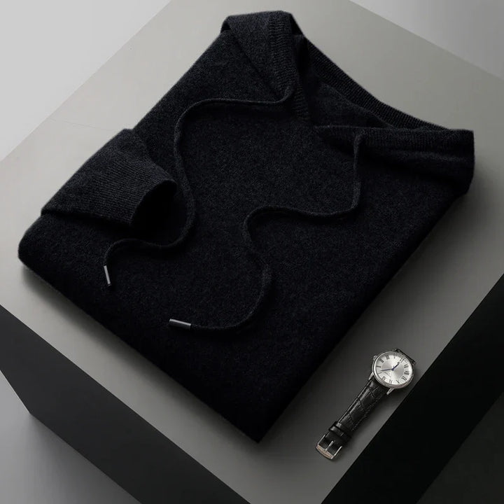 "Men's luxury cashmere hoodie with adjustable hood, slim fit, ribbed cuffs, in versatile colors, soft and breathable."
