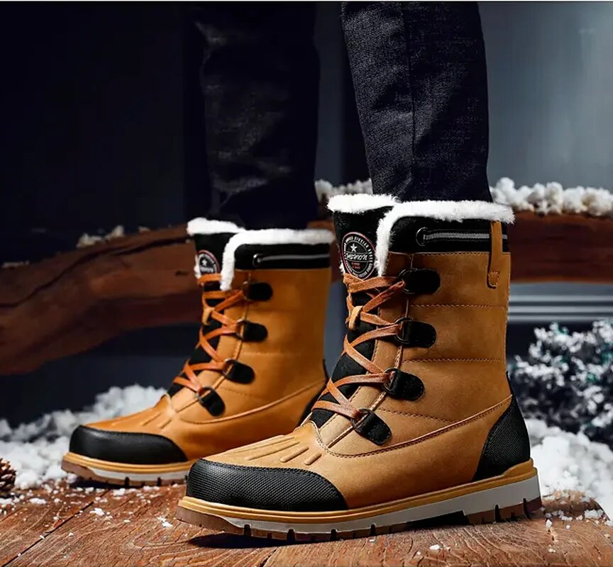 Men's mid-calf waterproof insulated snow boots with brown synthetic exterior and plush lining for winter warmth and protectio