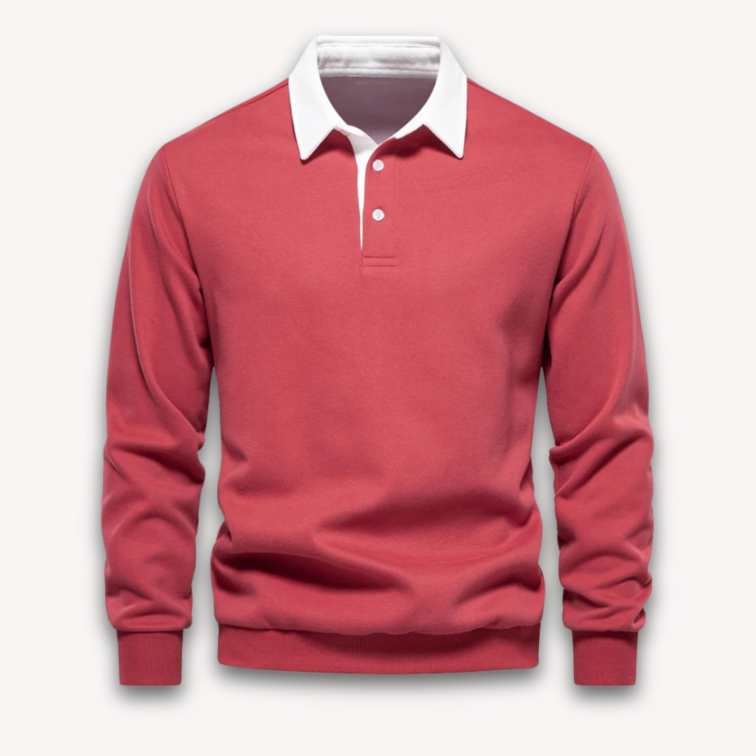 "Men's navy cotton long-sleeve polo sweater with classic design and contrasting collar, perfect for casual or formal wear."