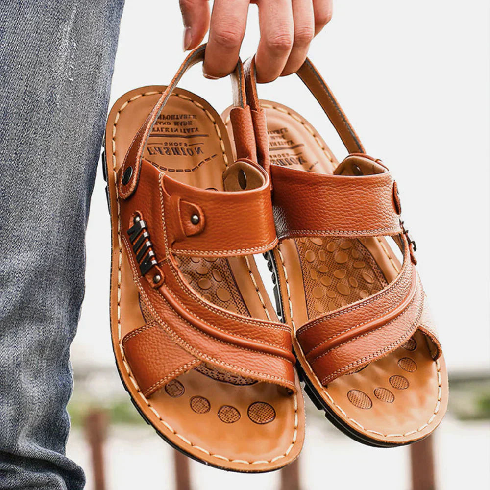Men's open-toe leather sandals with cushioned sole, adjustable straps, and premium finish for casual summer wear.
