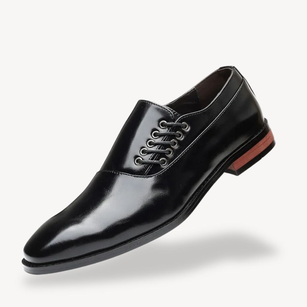 "Men's orthopedic leather side lace dress shoes, classic Oxford design, available in brown, black, and burgundy colors."