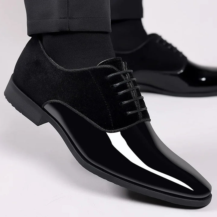 "Men's Oxford suede leather dress shoes with contrast toe, elegant lace-up design, premium material, formal footwear."