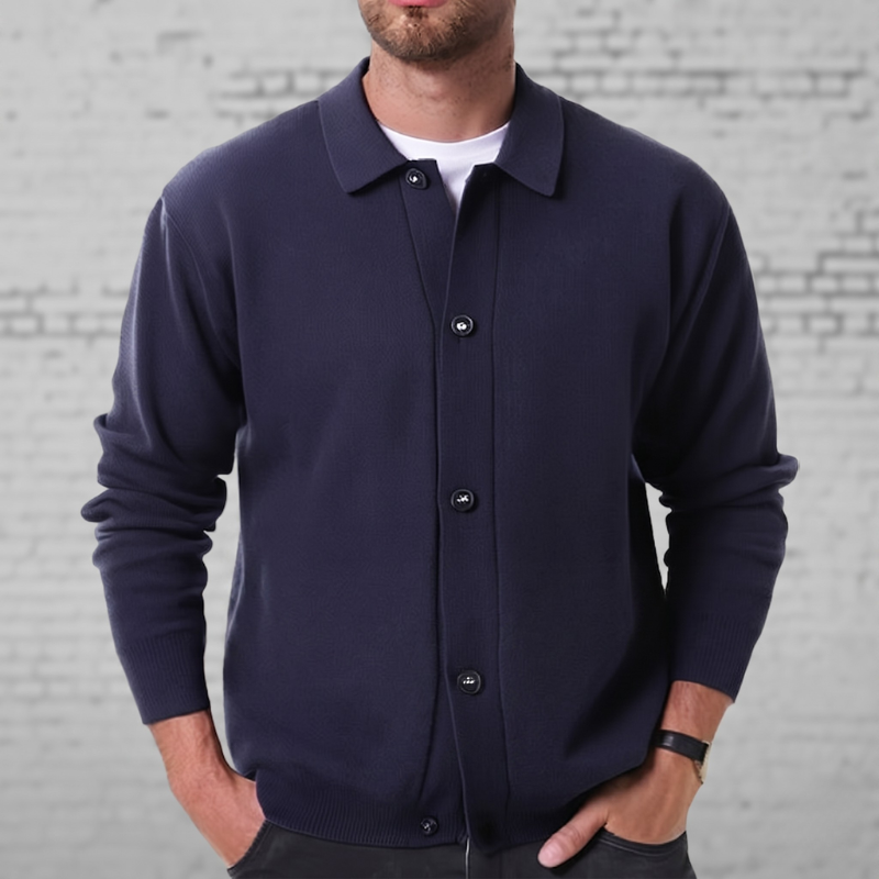 Men's navy blue button-down cardigan jacket with patch pockets, perfect for casual or smart casual layering.