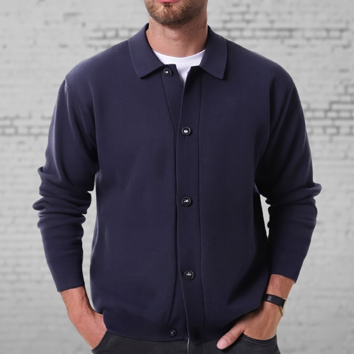 Men's navy blue button-down cardigan jacket with patch pockets, perfect for casual or smart casual layering.