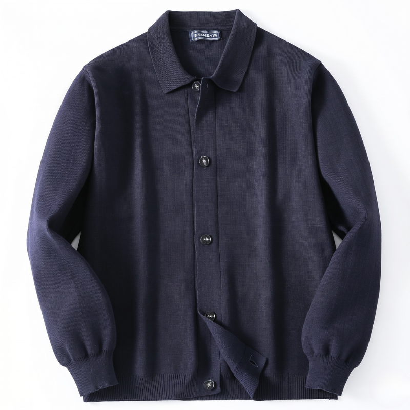 Collared men's knitwear sweater jacket in navy blue, featuring a button-down front and stylish patch pockets.