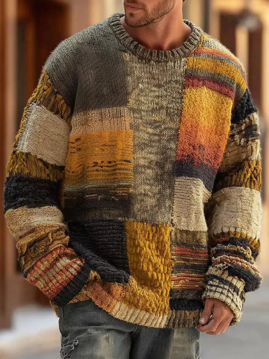 Men's oversized patchwork colourblock chunky crew neck sweater, a stylish pullover for autumn winter casual wear.