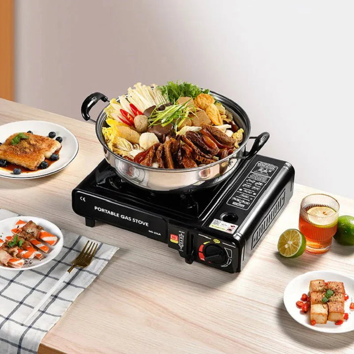 "Men's portable outdoor camping gas stove with 2100W power, compact design, ideal for adventurous cooking."
