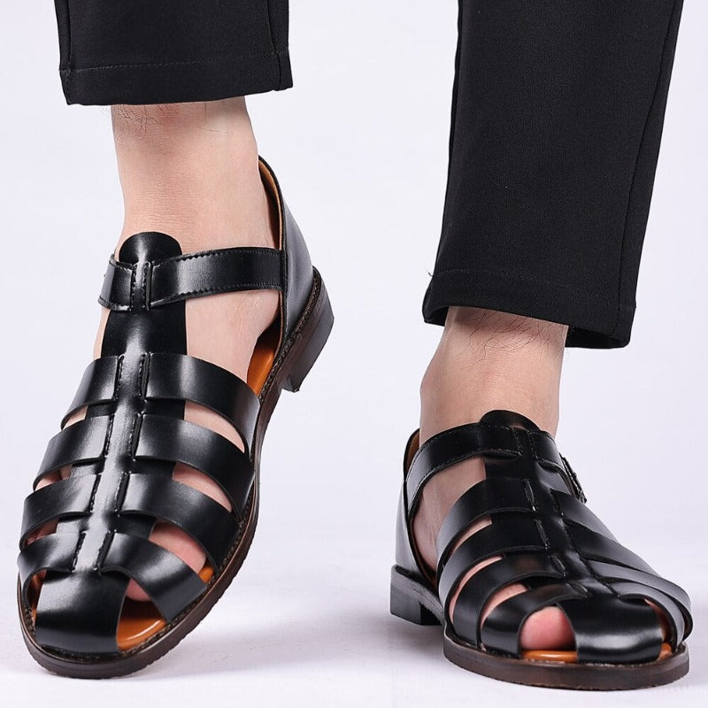 "Men's premium leather sandals, showcasing sleek design, high-quality material, and comfort for versatile warm-weather wear."