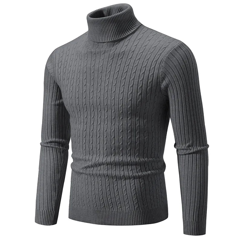 Men's premium turtleneck sweater in dark grey with a high collar and soft knit, offering warmth and timeless style.