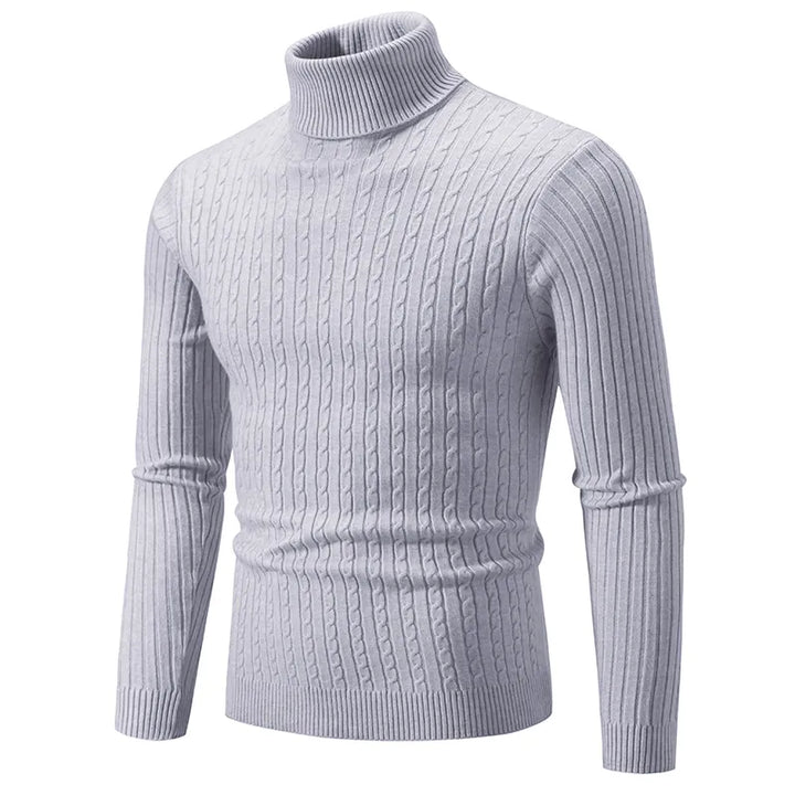 Men's premium turtleneck sweater in dark grey with a high collar and soft knit, offering warmth and timeless style.