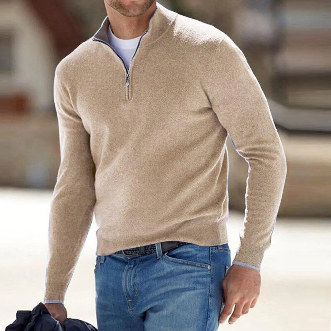 Men's stylish ribbed quarter-zip pullover jumper, perfect for smart-casual layering and everyday wear.