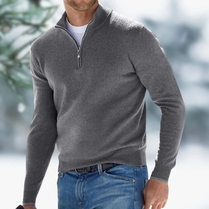 Comfortable men's long sleeve knit pullover with quarter-zip, an ideal layering top for autumn & winter.