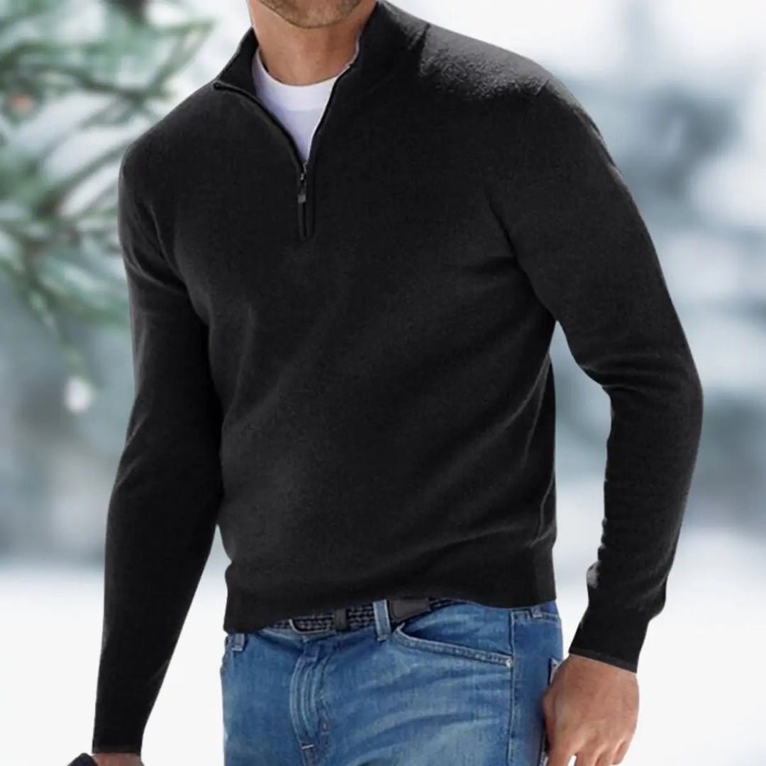 Men's quarter-zip knit pullover jumper, offering cozy comfort and a timeless look for casual wear.