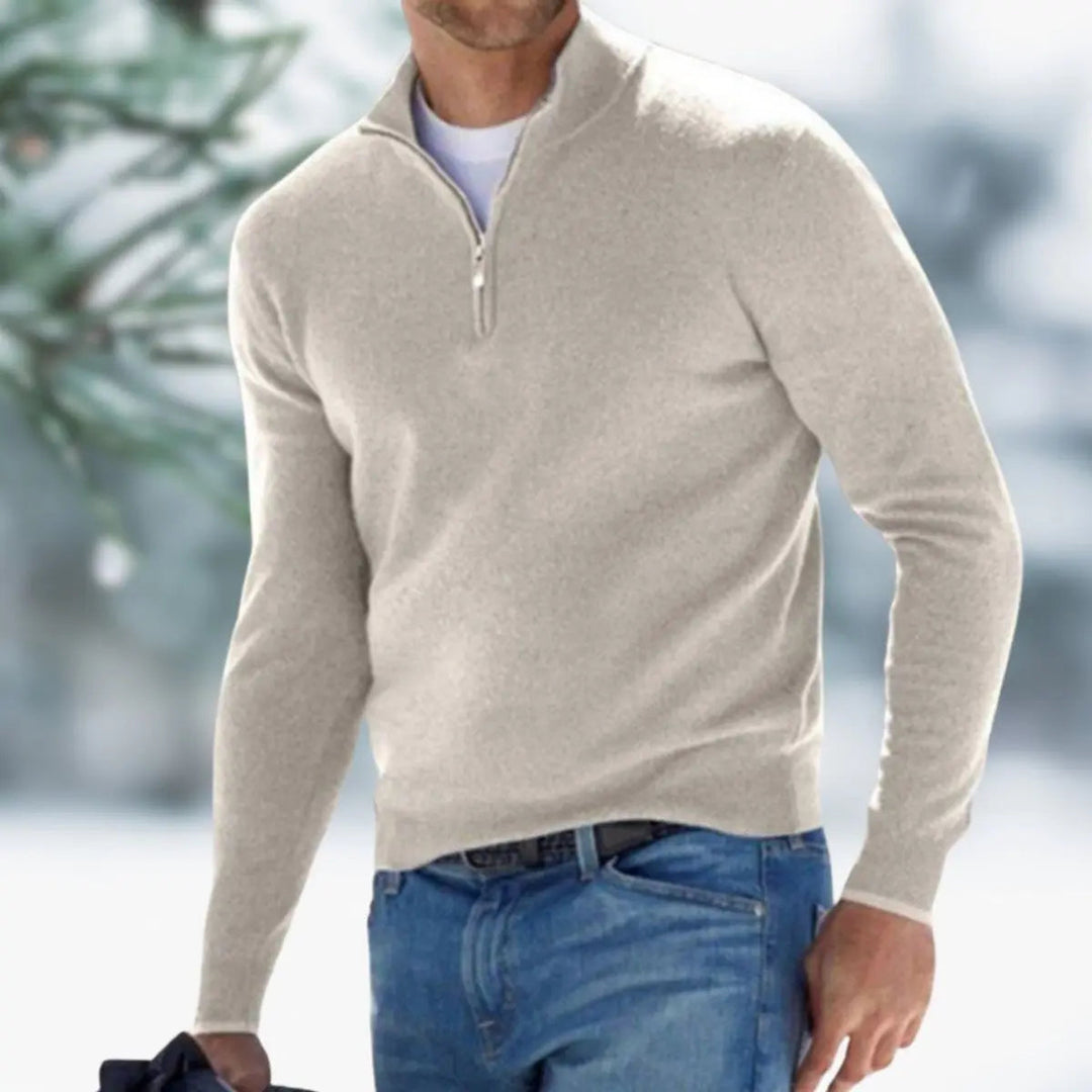 Man wearing a men's quarter-zip knit pullover, styled for a sharp smart casual autumn outfit.