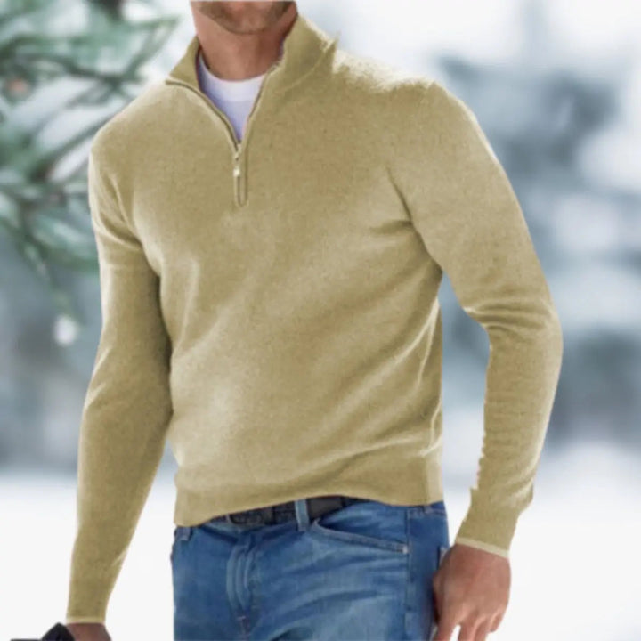 Navy men's quarter-zip knit pullover, a must-have long sleeve layering top for smart casual outfits.