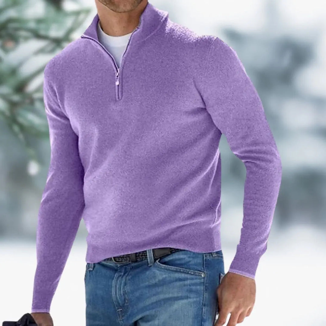 Warm men's quarter-zip knit pullover jumper, perfect for winter style, autumn outfits & everyday wear.