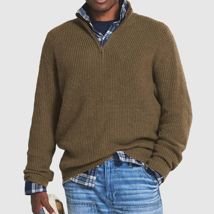 Stylish men's quarter-zip ribbed pullover for a sophisticated look, great for business casual.