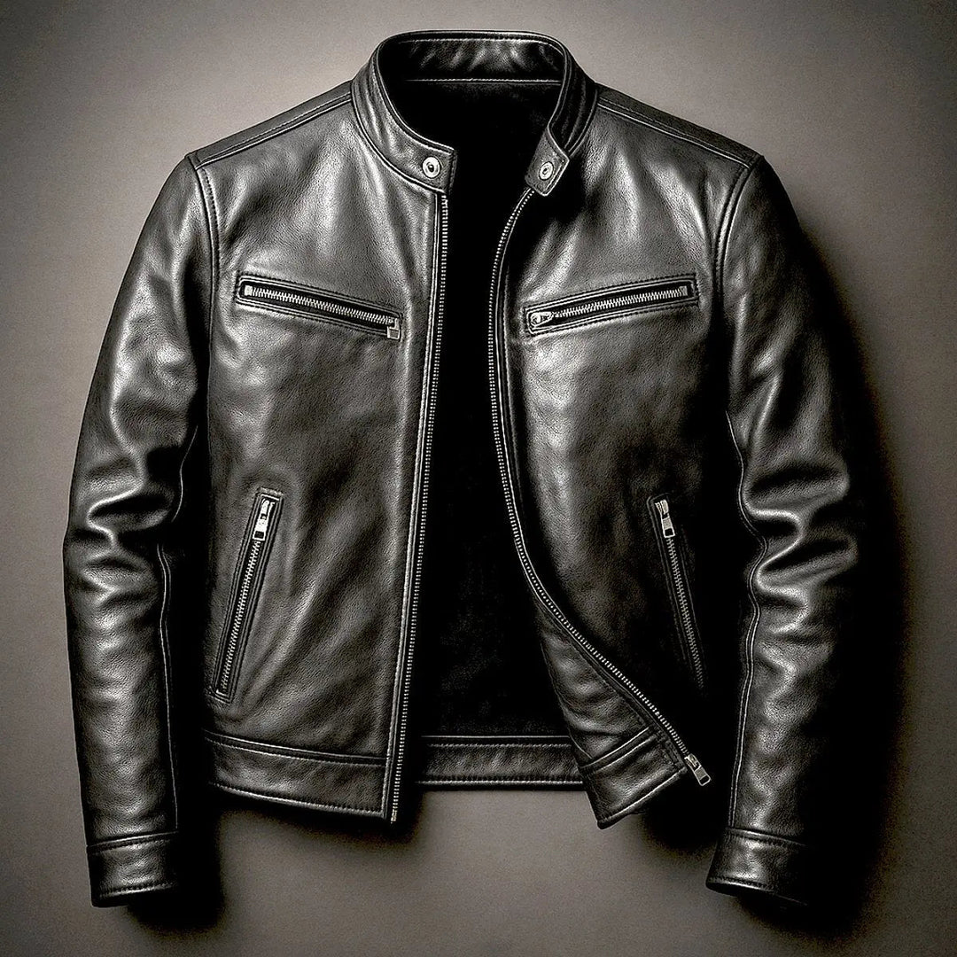 Sleek men's faux leather quilted biker jacket, vintage-style zip-up outerwear for modern fit fashion.