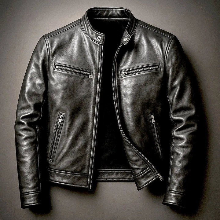 Sleek men's faux leather quilted biker jacket, vintage-style zip-up outerwear for modern fit fashion.