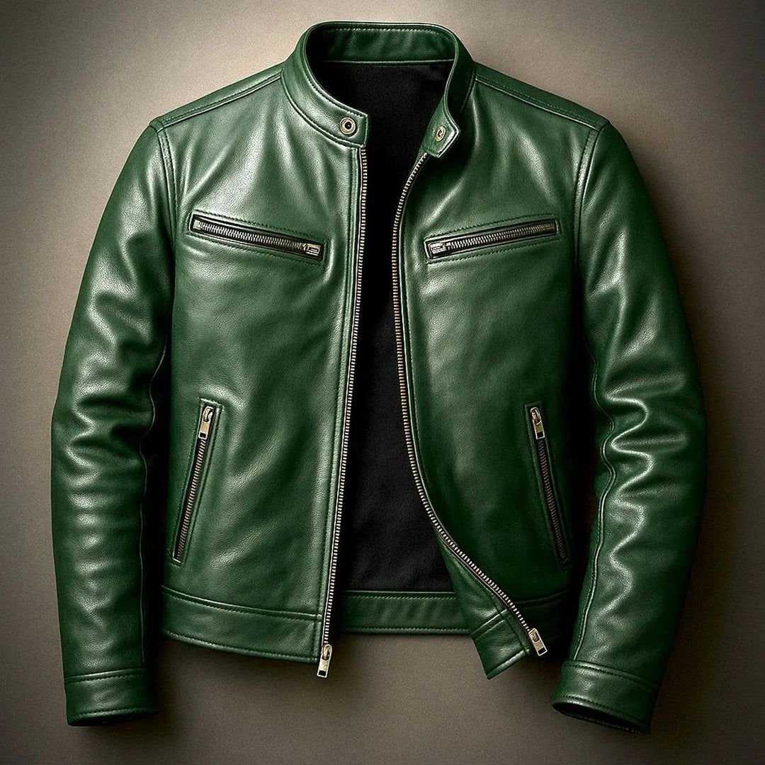 Vintage style men's quilted biker jacket, sleek zip-up design. Faux leather for casual, everyday wear.
