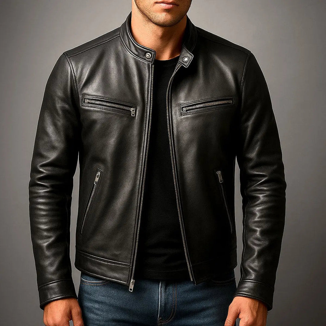 Vintage look men's quilted biker jacket. Sleek zip-up design in faux leather, modern fit for daily wear.