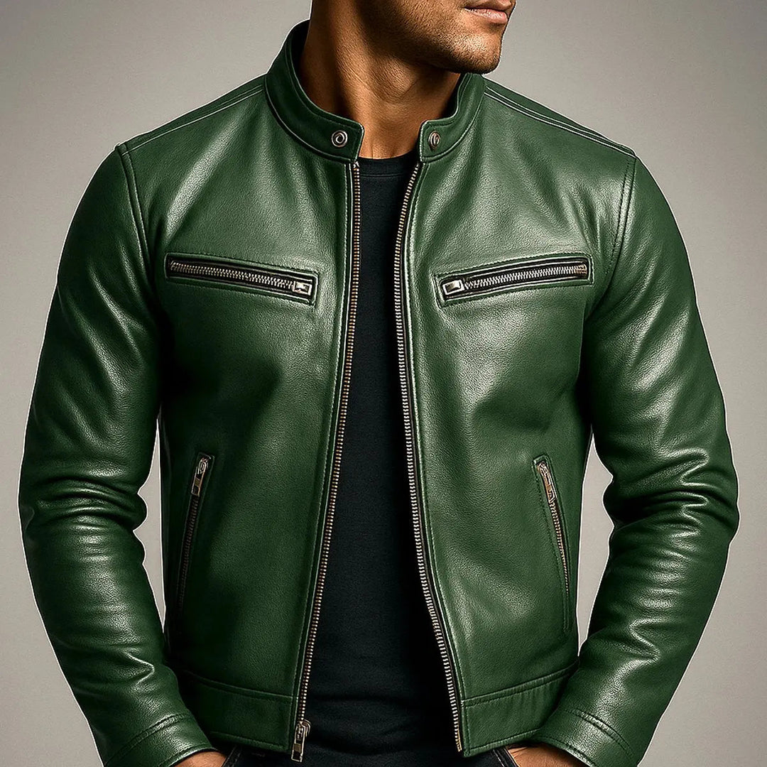 Comfortable men's vintage quilted faux leather biker jacket. Zip-up, sleek design for everyday casual outerwear.