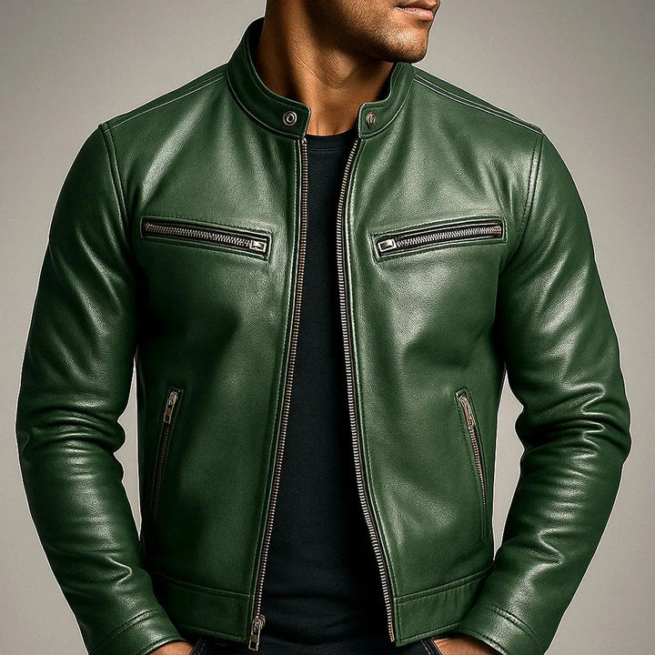 Comfortable men's vintage quilted faux leather biker jacket. Zip-up, sleek design for everyday casual outerwear.