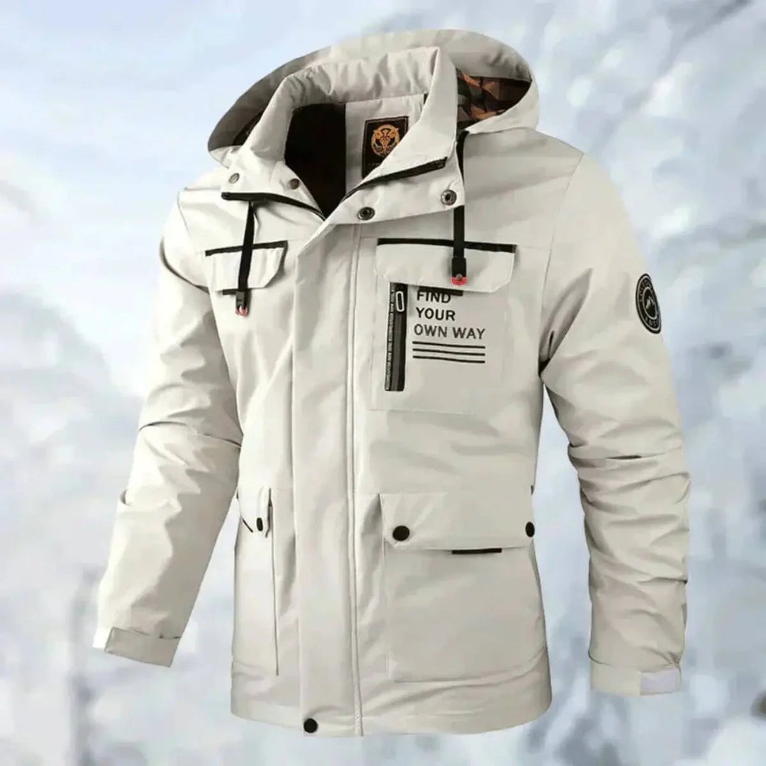 Men's waterproof & windproof quilted jacket with hood, ideal for outdoor adventures.