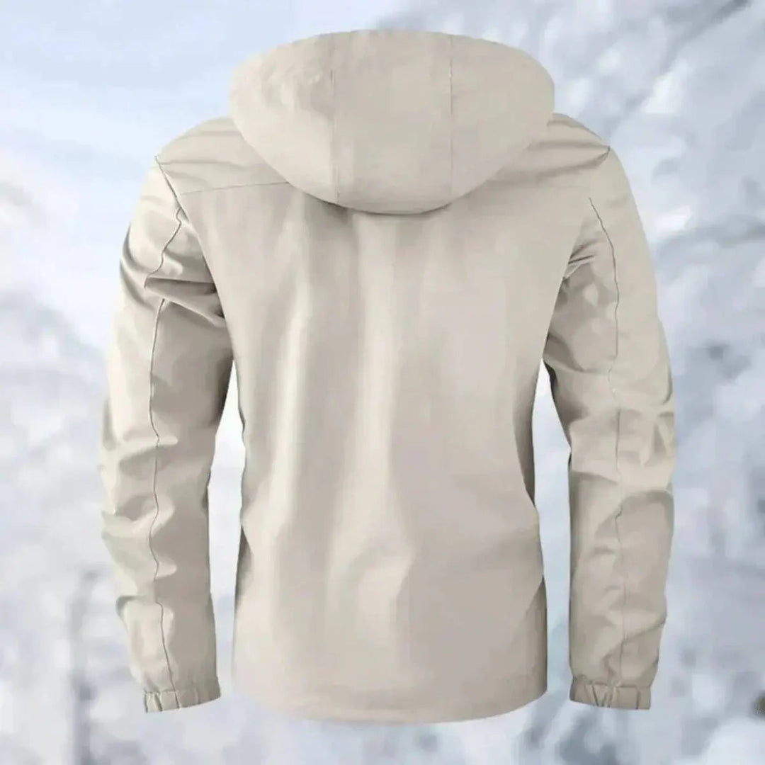 Warm men's hooded quilted coat, weather resistant & durable for winter outdoor wear.