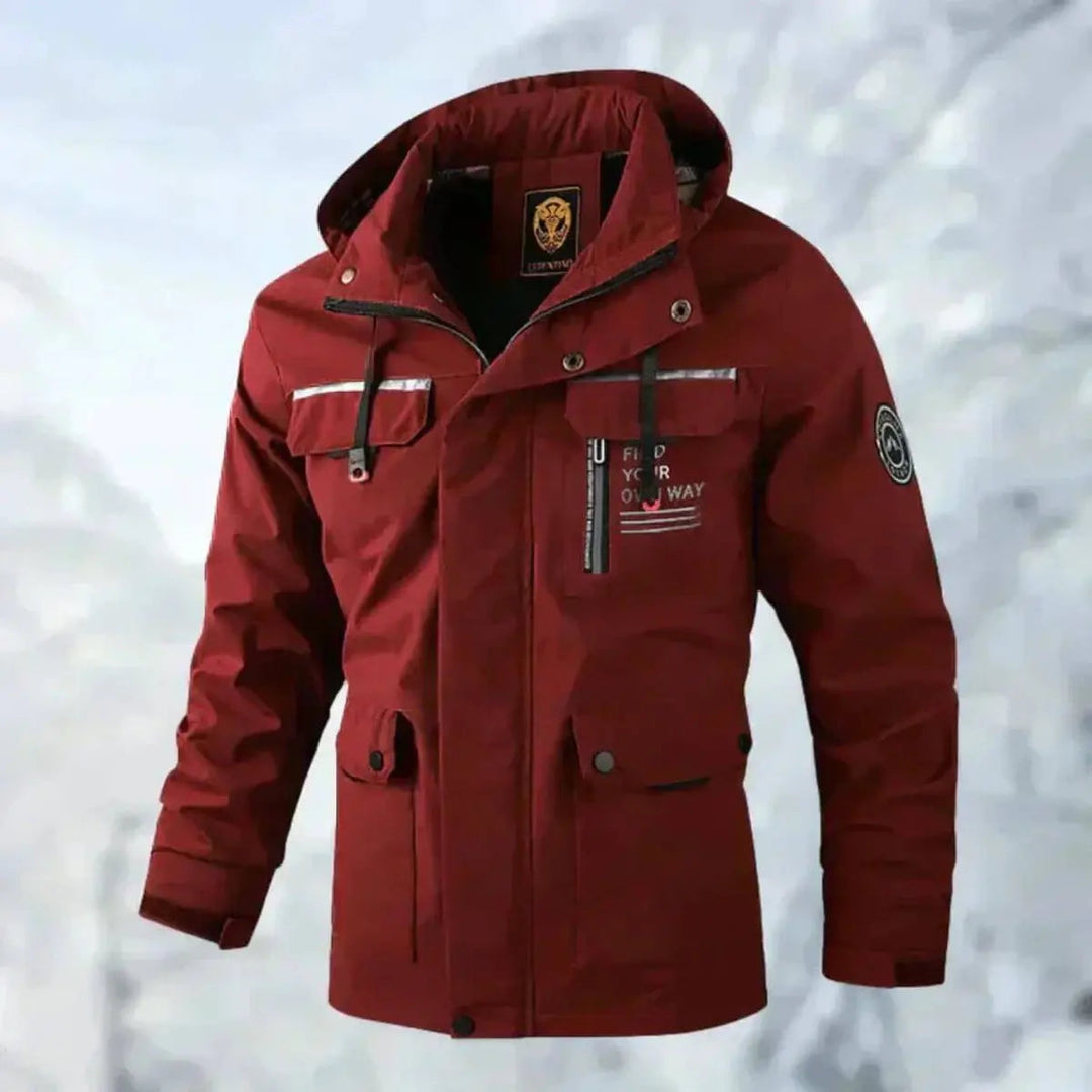 Quilted men's waterproof jacket with hood, excellent windproof protection for hiking gear.
