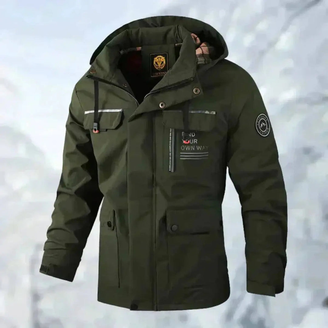 Practical men's hooded quilted jacket, offering waterproof & windproof comfort for any outdoor activity.
