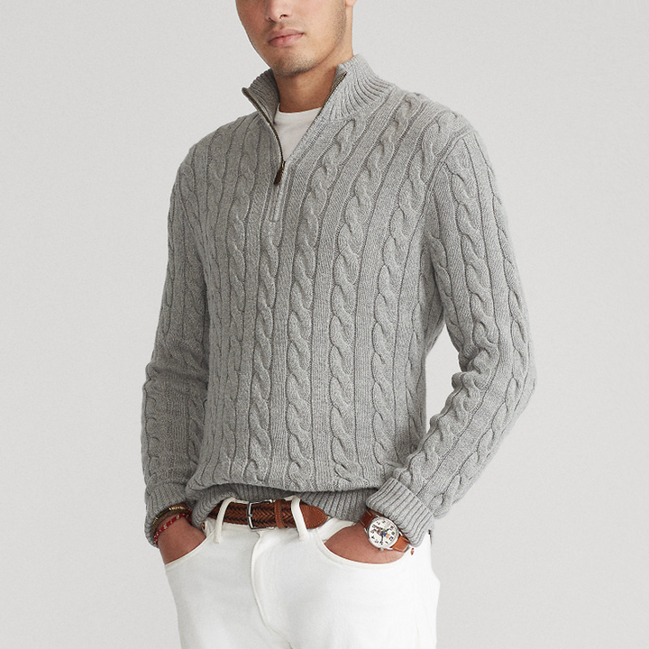 "Men's regular fit cable knit half zip sweater in cotton blend with ribbed trim, ideal for layering in fall and winter fashio