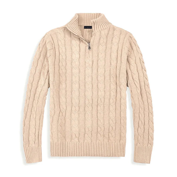 "Men's regular fit cable knit half zip sweater in cotton blend with ribbed trim, ideal for layering in fall and winter fashio