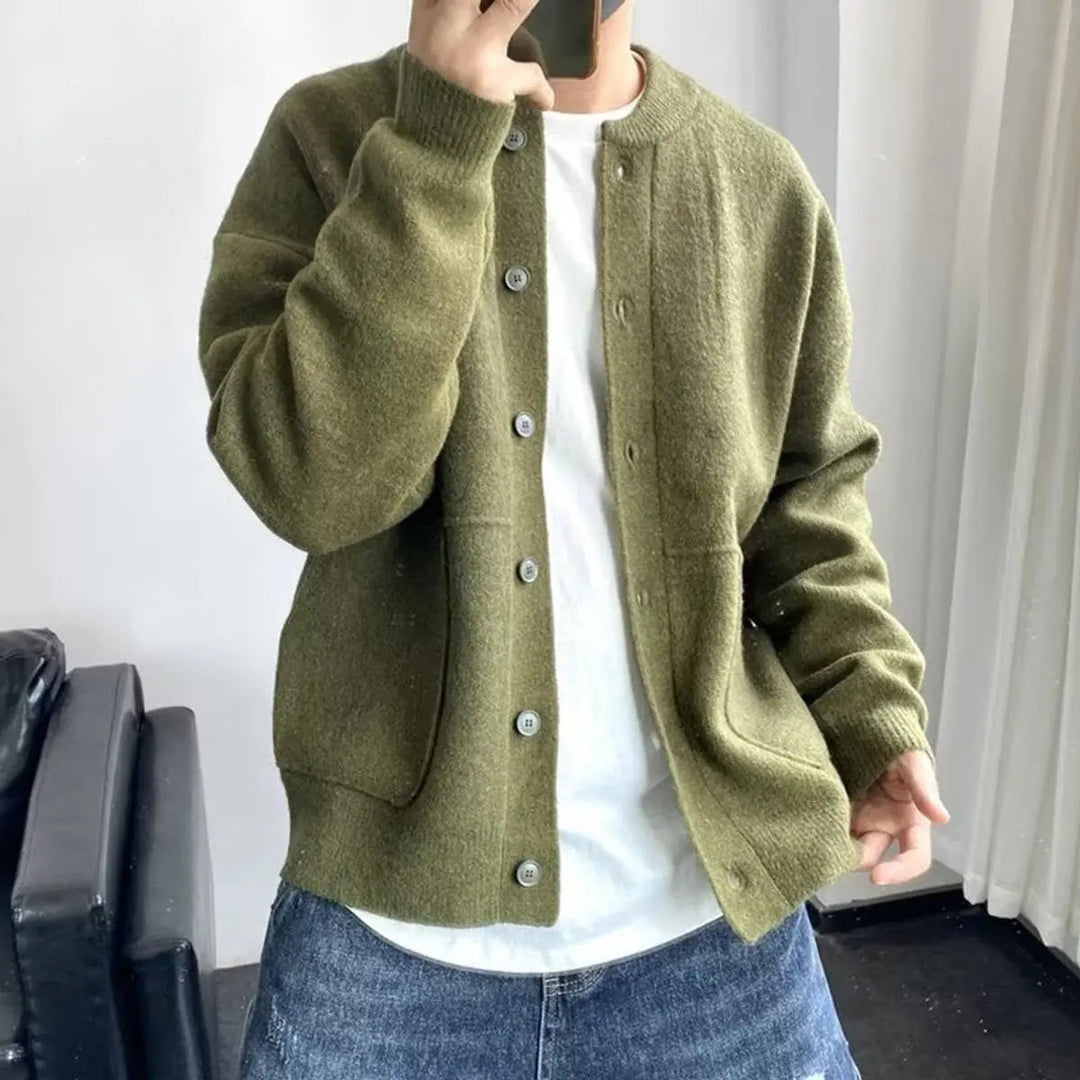 Men's relaxed fit knit cardigan, button-up style for effortless layering. Comfortable casual menswear.