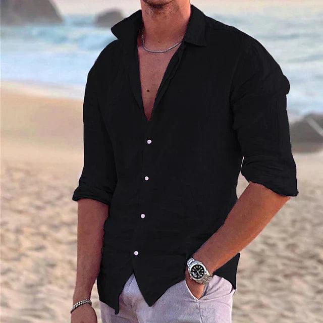 "Men's relaxed fit linen shirt, breathable and stylish, in blue, featuring lightweight, 100% linen fabric for versatile wear.