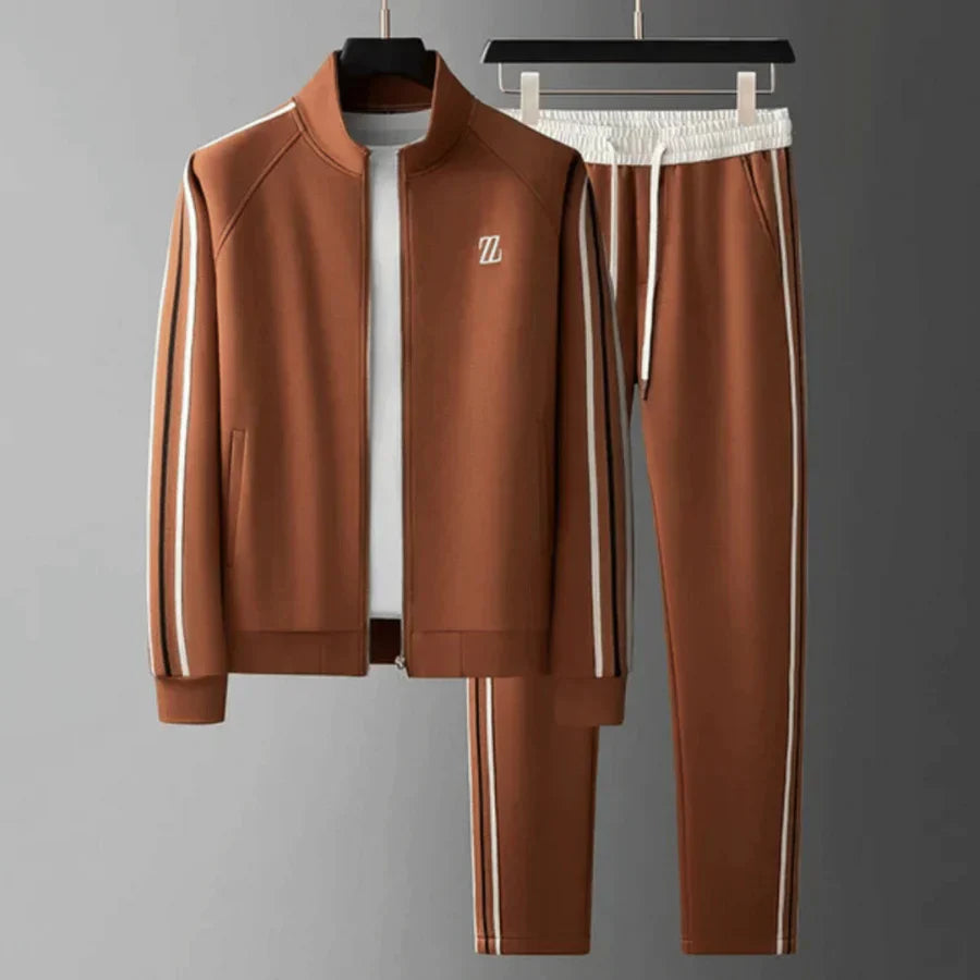 "Men's relaxed tracksuit set, cotton-polyester blend, gray hue, pullover top, elastic waist, perfect for lounging or activiti